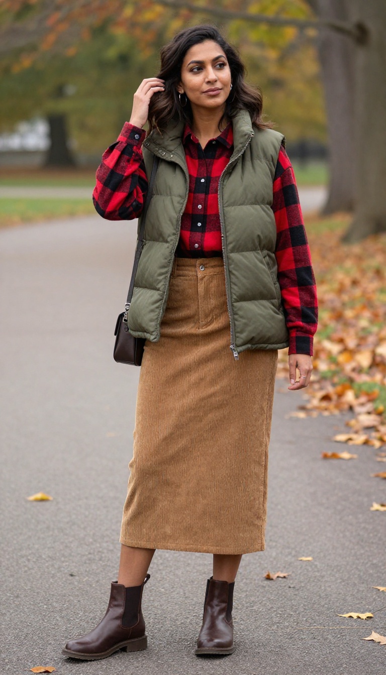 7. Corduroy Skirt + Flannel Shirt + Puffer Vest