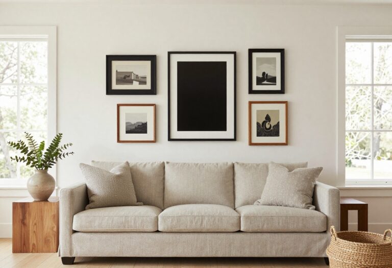 Bright living room with a curated gallery wall of mixed framed art above a neutral sofa in natural light