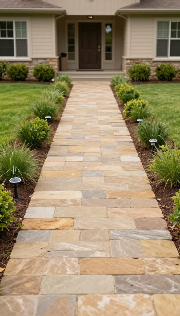 A wide, gently curved flagstone walkway framed by low shrubs and solar lights leads across a large manicured front lawn toward a warm-toned home entrance under bright natural light.