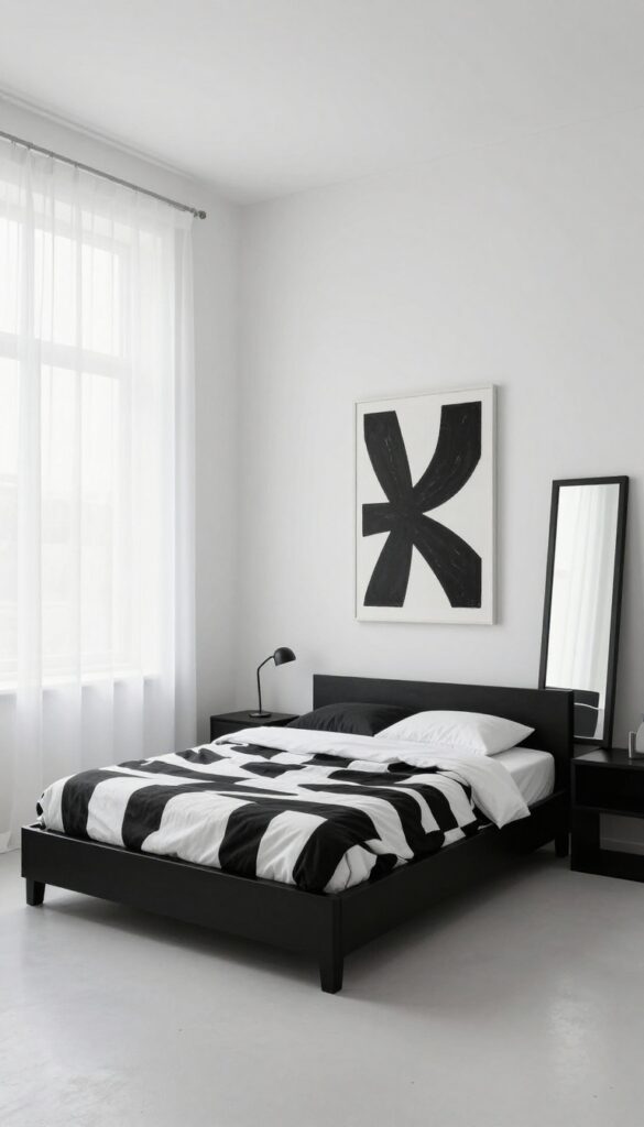 Minimalist black and white teenage boy's bedroom with white walls, black furniture, geometric bedding, and a large black-framed mirror in bright natural light