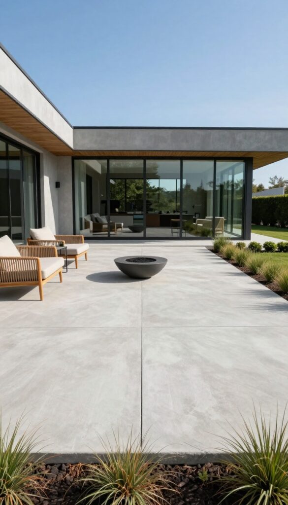 Modern front yard patio with a clean concrete slab, scored lines, sleek low-profile furniture, wood and woven seating, and minimal landscaping in bright daylight