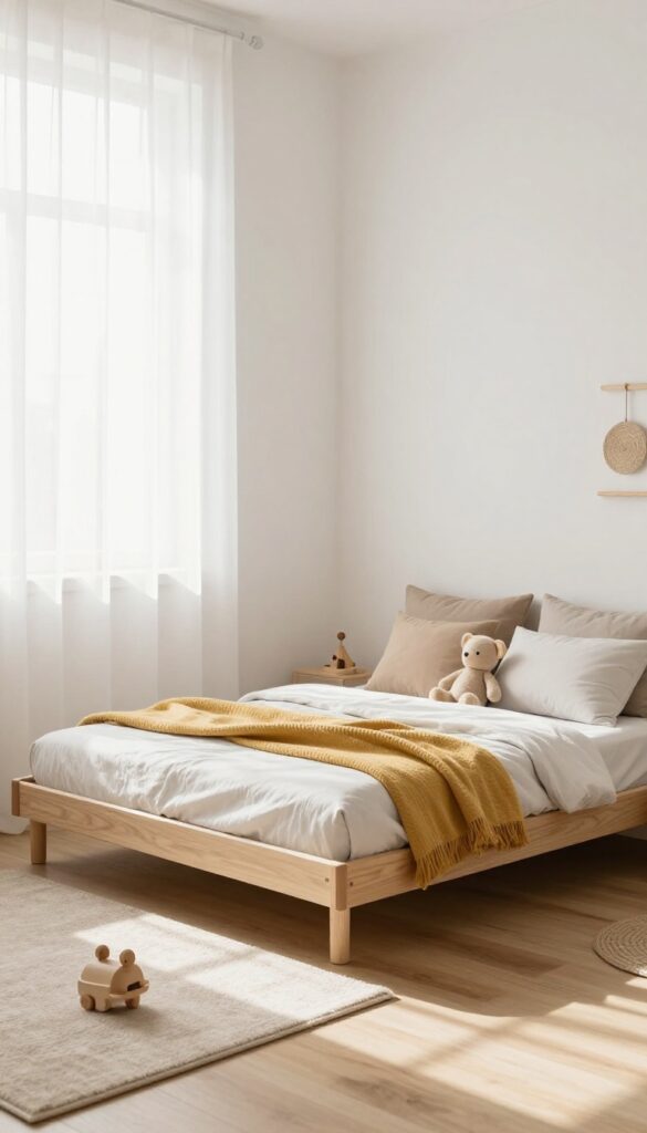 A bright toddler boy's bedroom with a low platform bed on the floor, neutral bedding, a soft rug beside it, and natural light from a large window.