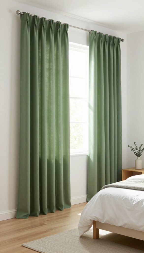 Bright bedroom corner with floor-length forest green curtains softly filtering warm sunlight beside a neatly made white bed and cream walls.