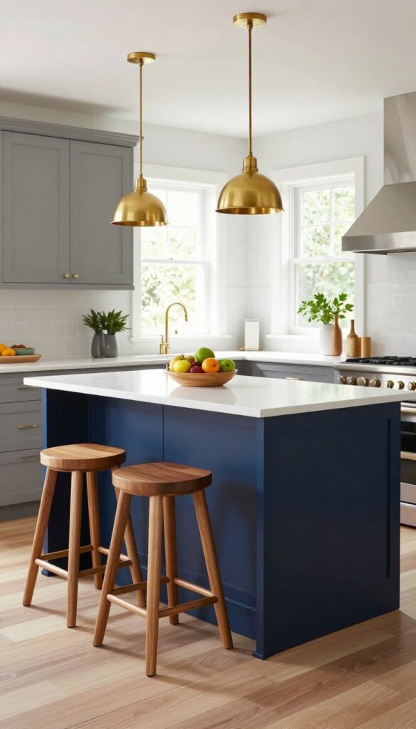Bright modern kitchen with a deep navy blue island, white quartz countertop, brass hardware, wooden stools, and grey perimeter cabinets in natural daylight.