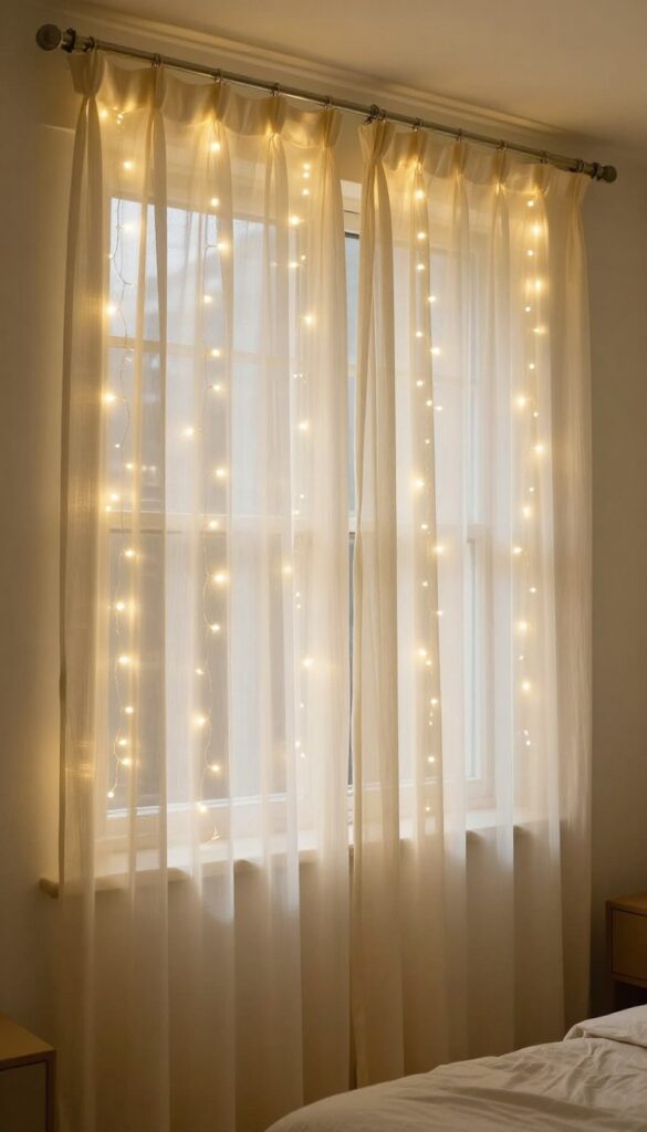 A bedroom window with sheer cream curtains glowing from fairy lights hidden behind them, creating a soft, dreamy illuminated backdrop at night.