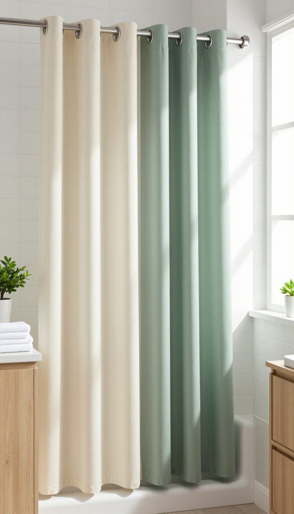 Bright bathroom with a two-tone cream and sage green shower curtain hanging evenly, styled with white tiles, wood vanity, and a small plant in natural light.