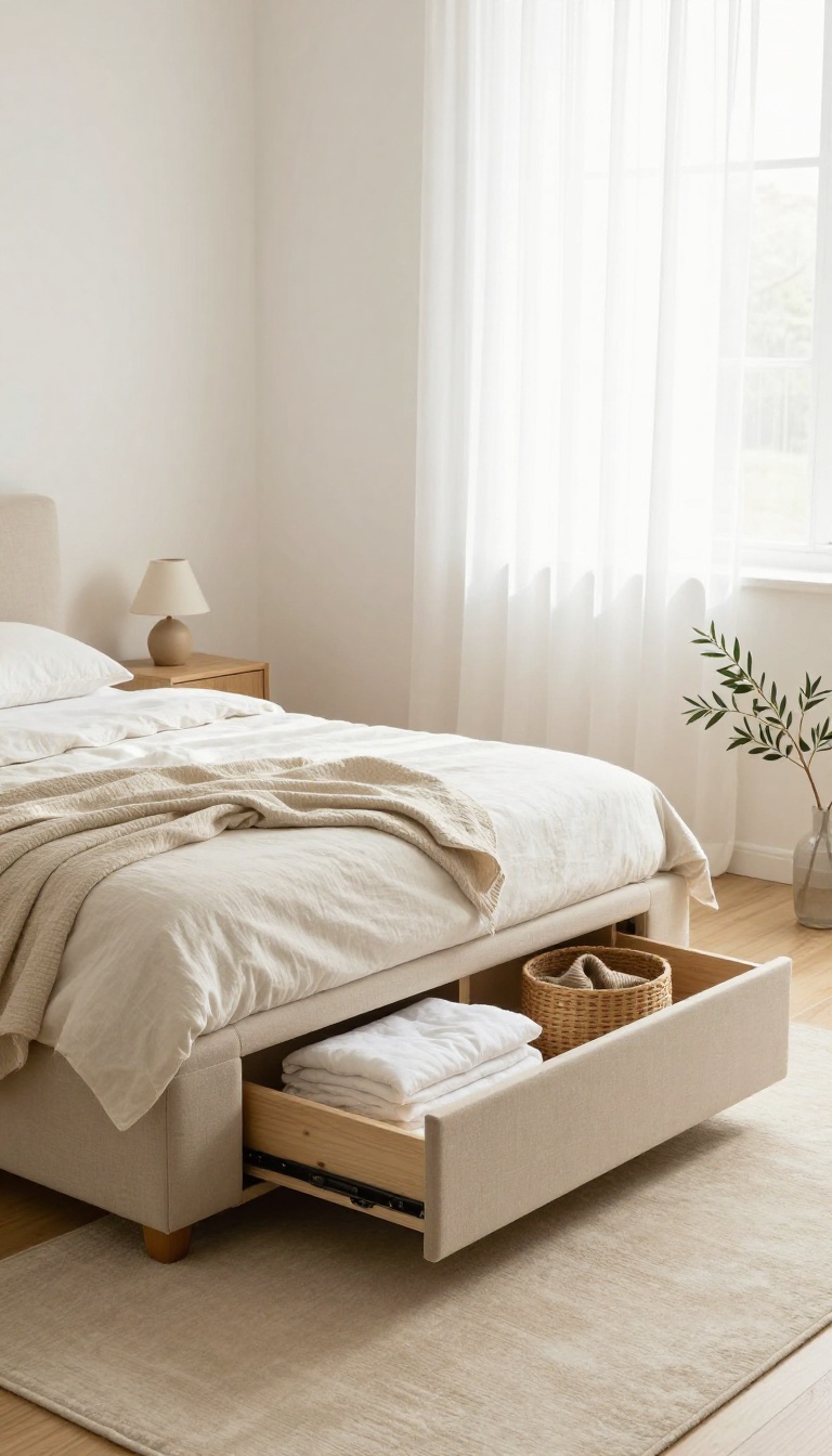 Small bedroom with a low-profile upholstered platform bed with under-bed storage drawers, light linen bedding, and bright natural light