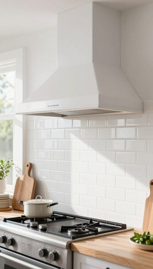 Bright kitchen with a custom range hood cover wrapped in white subway tile that matches the tiled backsplash behind the stainless steel stove, creating a seamless cooking wall.