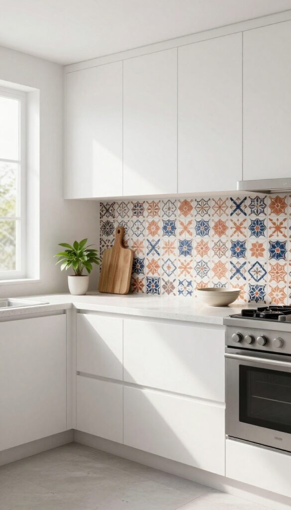 Bright modern kitchen with a bold Moroccan geometric patterned tile backsplash in white, terracotta, and navy, plain white cabinets, light quartz counters, and natural daylight.