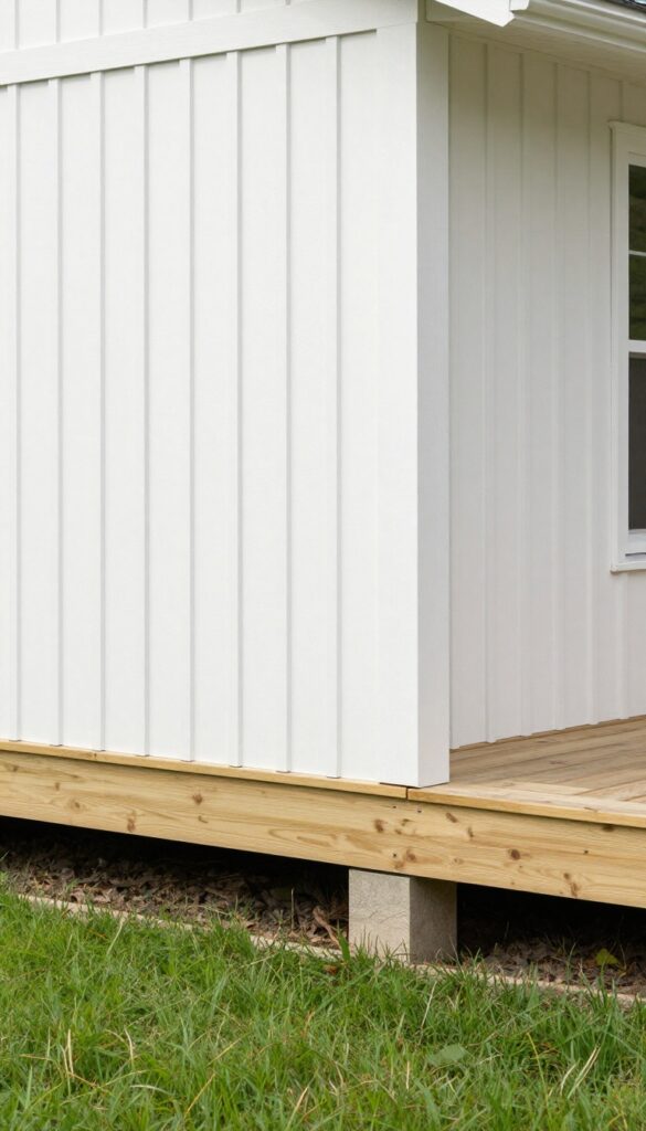 White vertical board and batten skirting enclosing the base of a raised backyard deck, matching the home's siding with narrow battens and small ventilation gaps at the bottom.