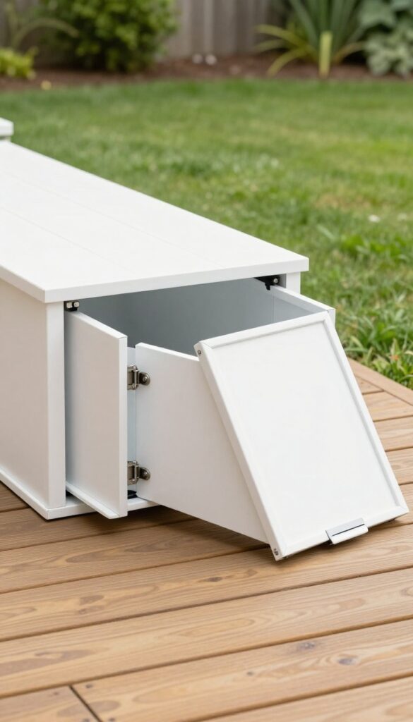Clean white removable access panel skirting around a backyard deck with one panel slightly open showing hidden storage underneath