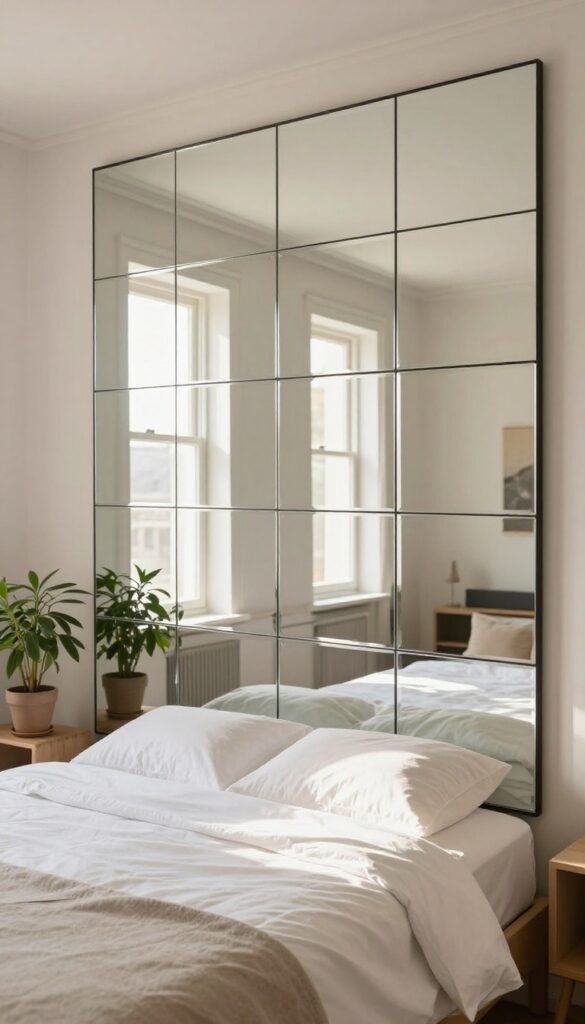 Bright modern bedroom with a large grid pattern mirror wall made of square mirror tiles divided by thin black metal strips, reflecting the bed and natural light.