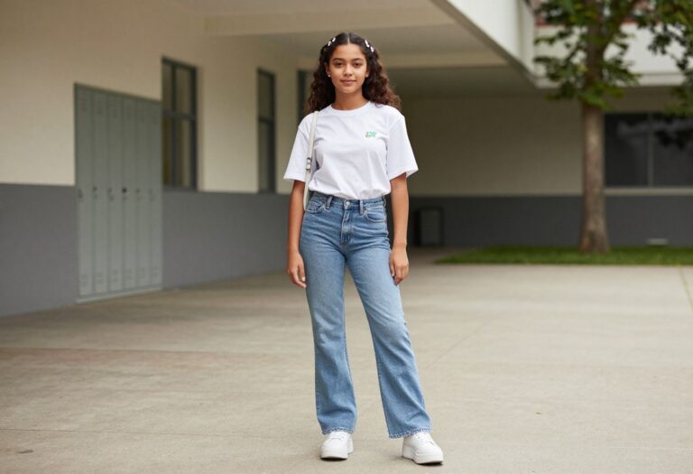 Teen girl in Y2K back-to-school outfit with low-rise flare jeans, baby tee, and chunky sneakers standing in a school hallway.