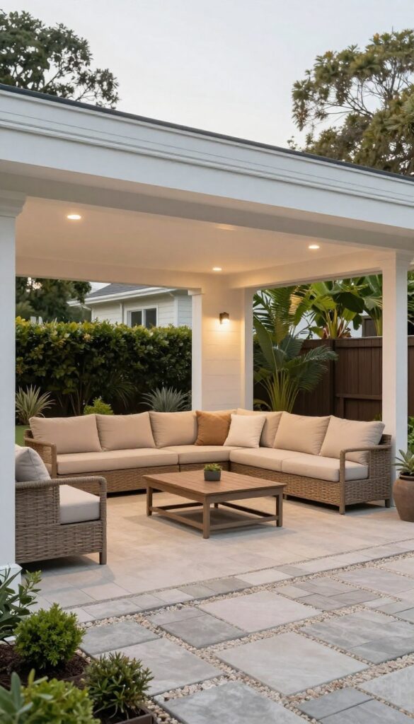 Bright under-deck patio conversion beneath a raised house deck with light neutral ceiling, paver floor, gravel border, weather-resistant seating, and subtle under-deck lighting