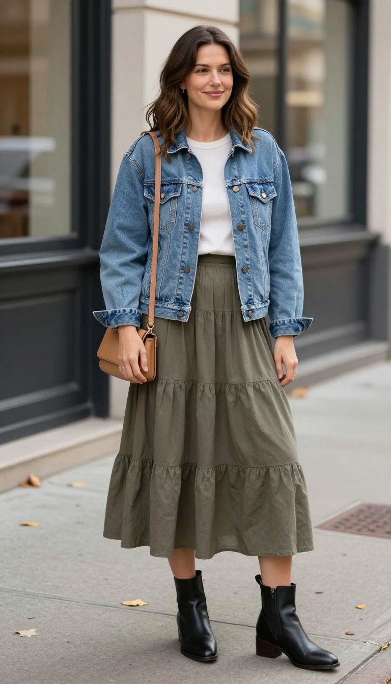 10. Jean Jacket with a Tiered Maxi Skirt and Ankle Boots