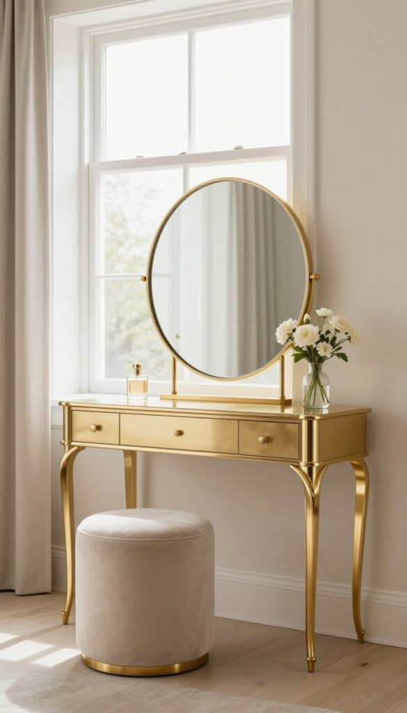 Vintage gold vanity table with ornate metal frame and simple round mirror in a bright modern luxury bedroom with cream walls and a velvet stool