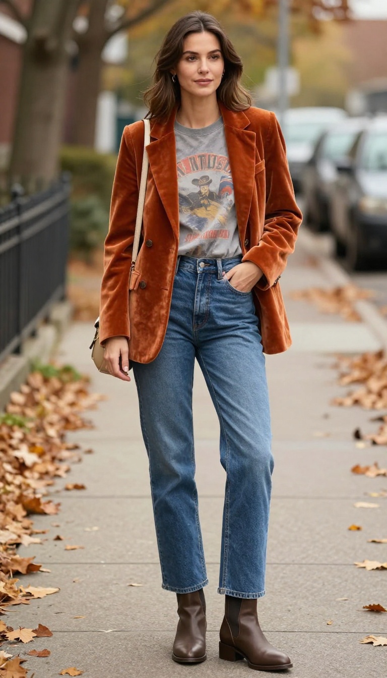 2. Velvet Blazer Over a Graphic Tee and Jeans