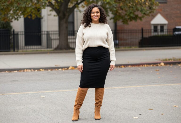 Plus size woman wearing a black midi skirt, cream sweater, and tan boots for a cool weather outfit.