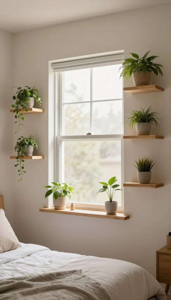 Narrow floating wooden shelves around a bright bedroom window holding small trailing potted plants in natural daylight