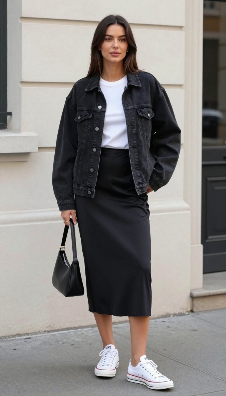 9. Denim Jacket Over a Black Slip Skirt