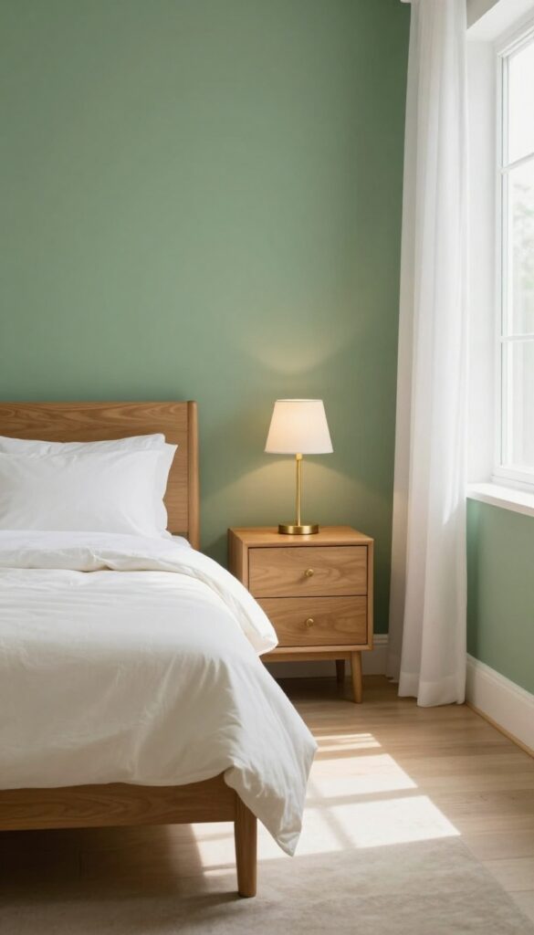 Forest green bedroom with matte walls, white bedding, and subtle brushed gold lamp and drawer pull accents in bright natural light