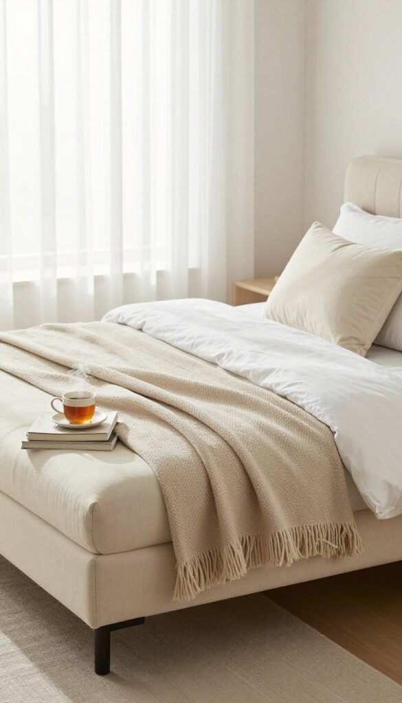 Bright bedroom with a padded bench at the foot of the bed styled with pillows, a tray of books and tea, and a draped throw blanket as a cozy mini lounge area