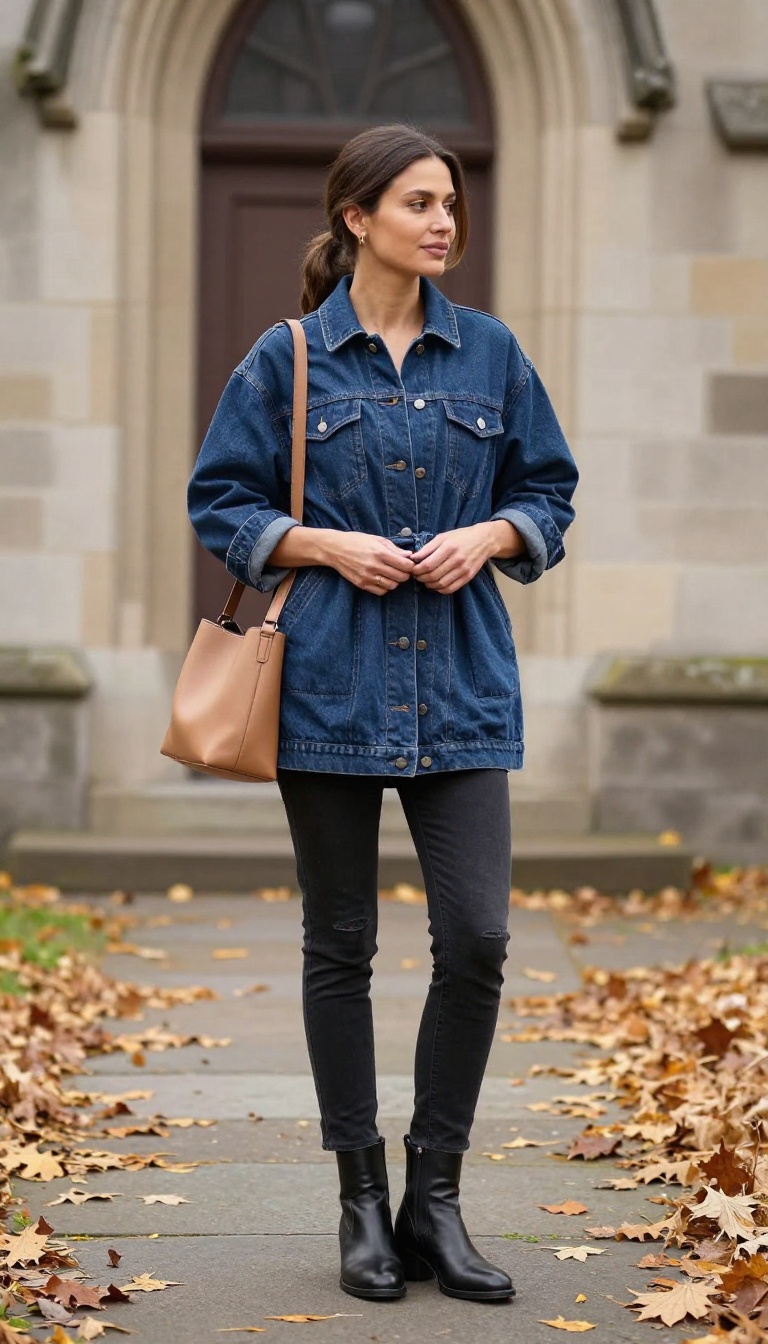 6. Denim Jacket Layered Under a Wool Wrap Coat with Black Jeans