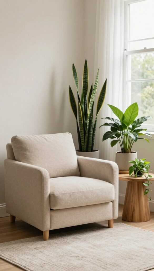 Cozy bedroom corner lounge with a comfortable armchair surrounded by tall potted plants, a small side table, and a soft rug in bright natural light