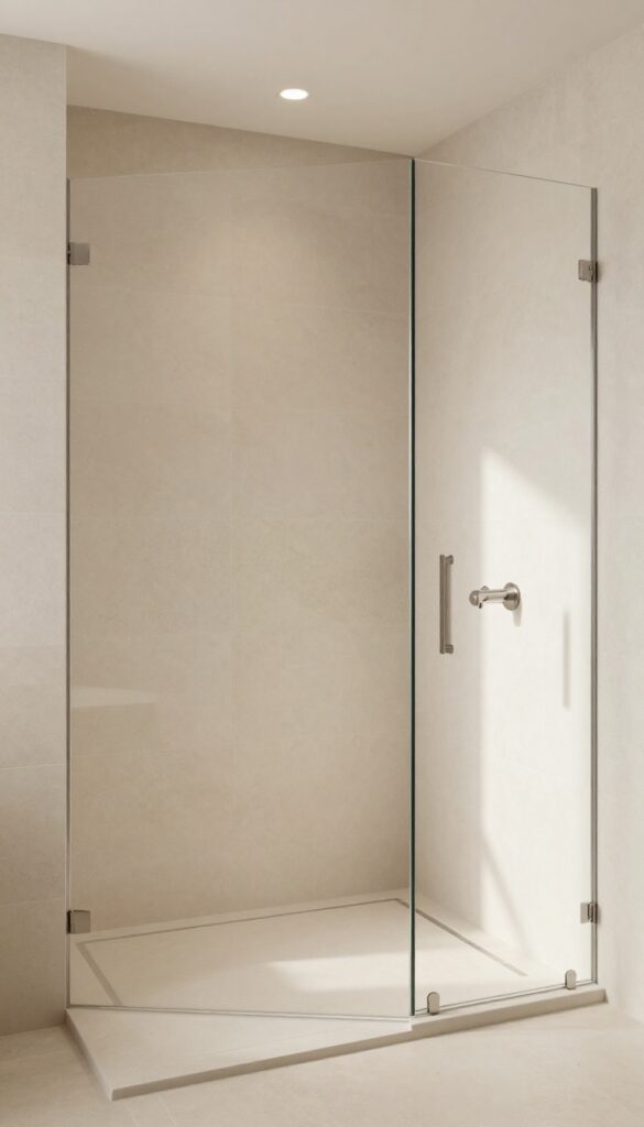 Minimalist half wall shower finished in one continuous stone-look surface, with glass panel and natural light in a clean modern bathroom