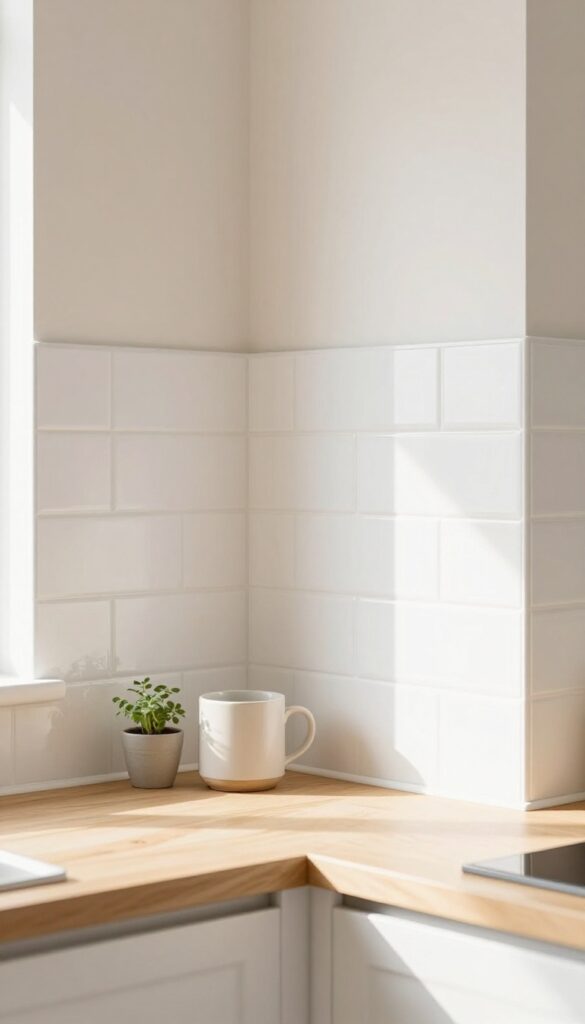 Small bright kitchen with a clean white subway tile peel-and-stick backsplash, light wood countertop, potted herb, and natural window light in a tidy modern space