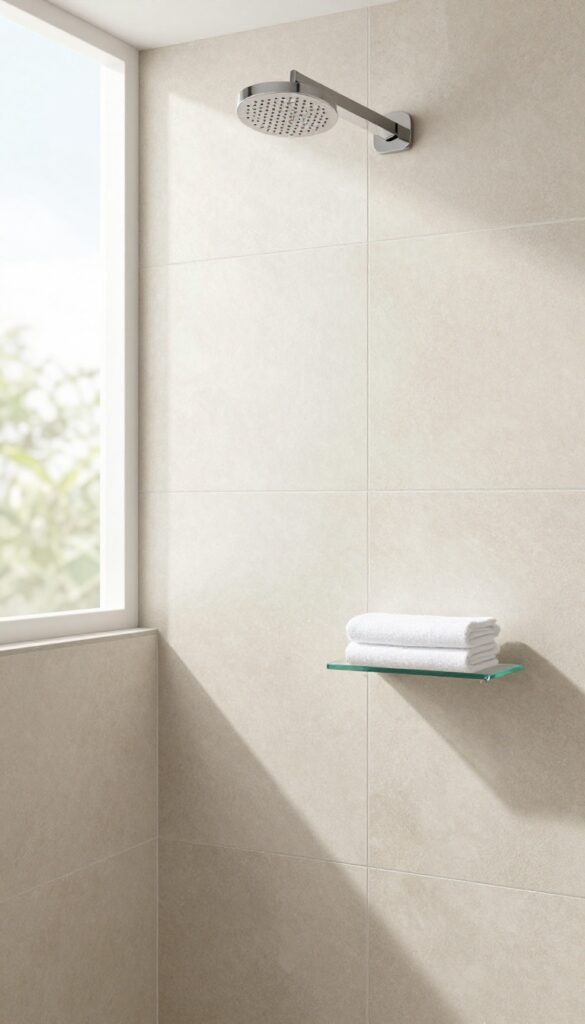 Modern bathroom shower wall with large-format matte stone-look tile and nearly invisible grout lines in bright natural light