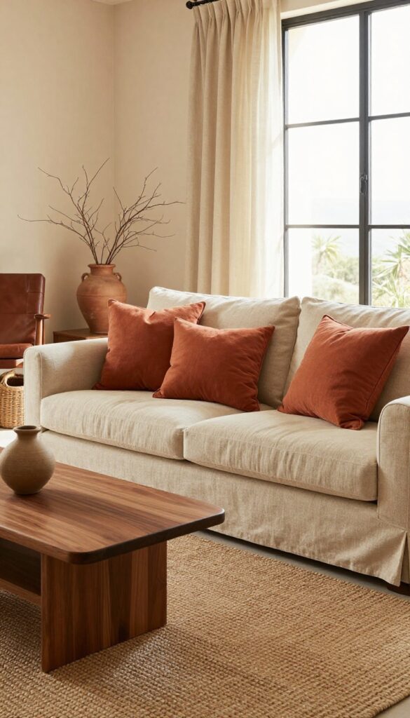 Warm terracotta, beige, and deep brown living room with natural light, woven textures, and wood furniture