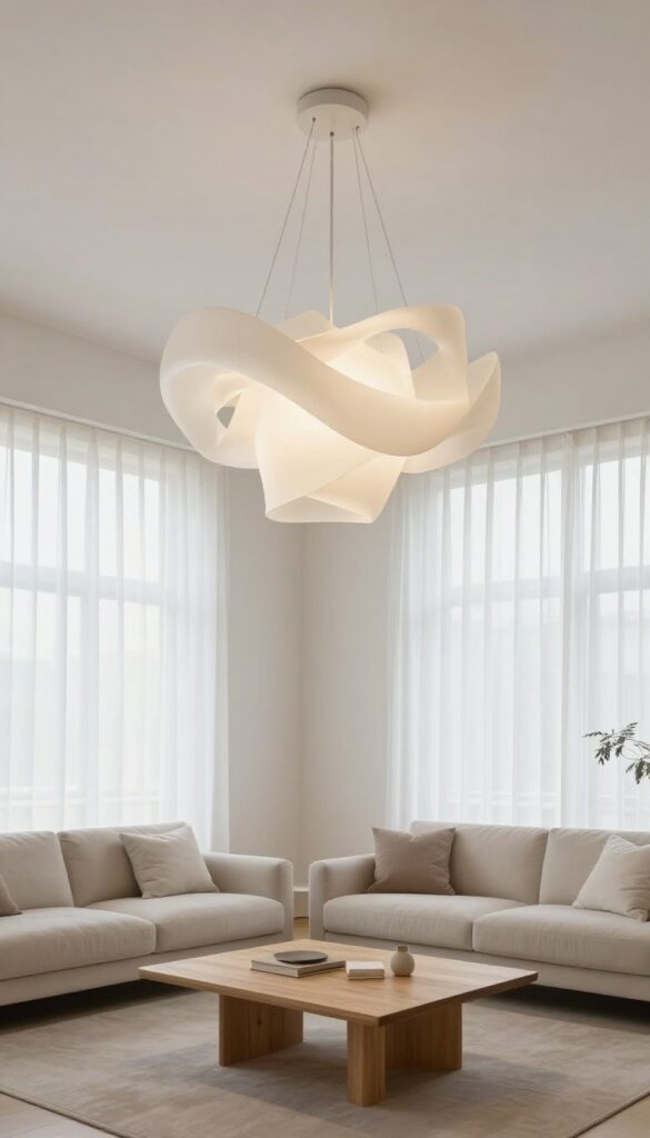 Sculptural abstract chandelier with flowing curved shapes glowing above a minimalist living room seating area in bright natural light