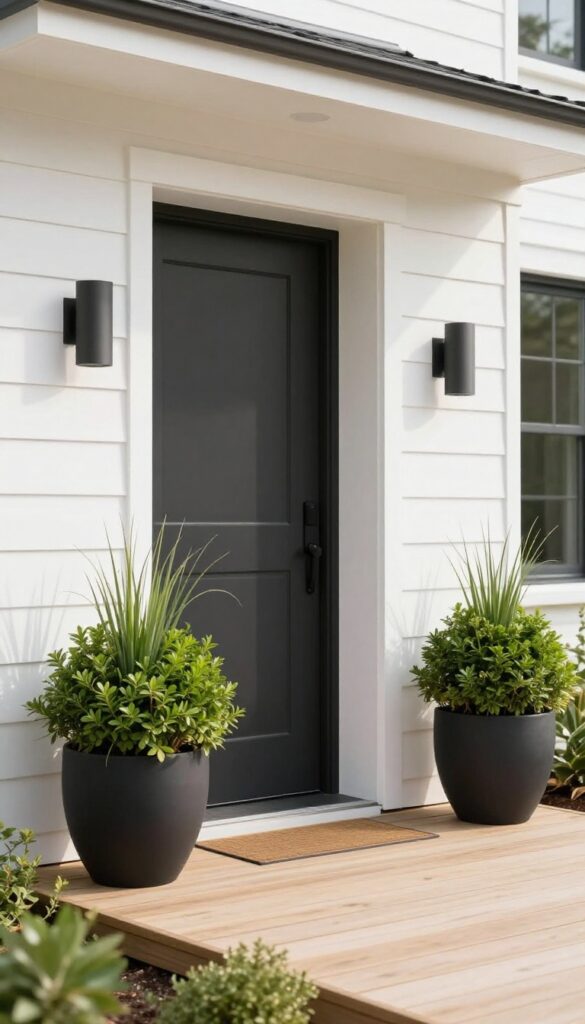 Two oversized black planters with boxwood shrubs flanking a bright front deck entrance, creating a symmetrical and upscale look