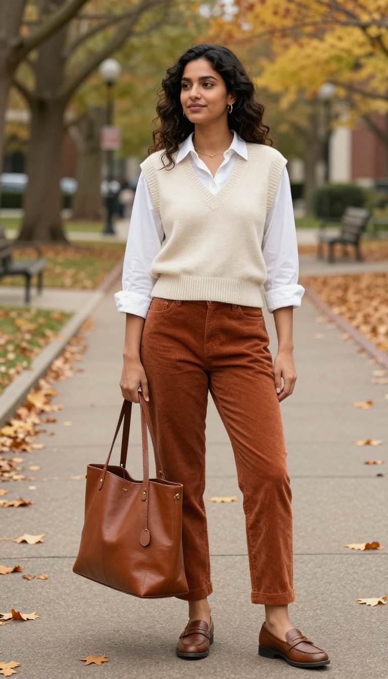 3. Knit Vest and White Shirt Layering
