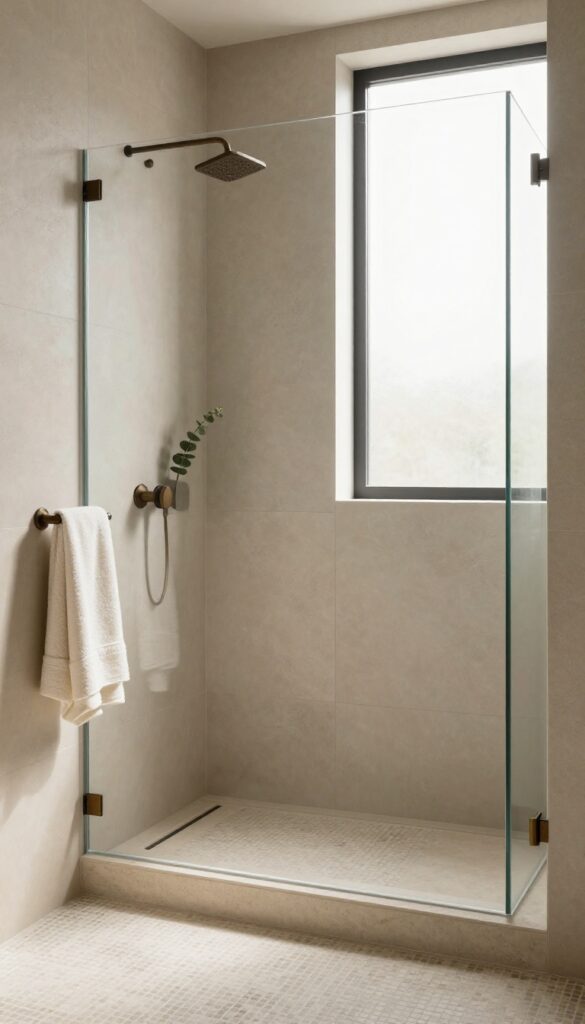 Neutral-toned modern shower with layered matte tile, textured plaster accent wall, patterned mosaic floor, and consistent brass fixtures in bright natural light
