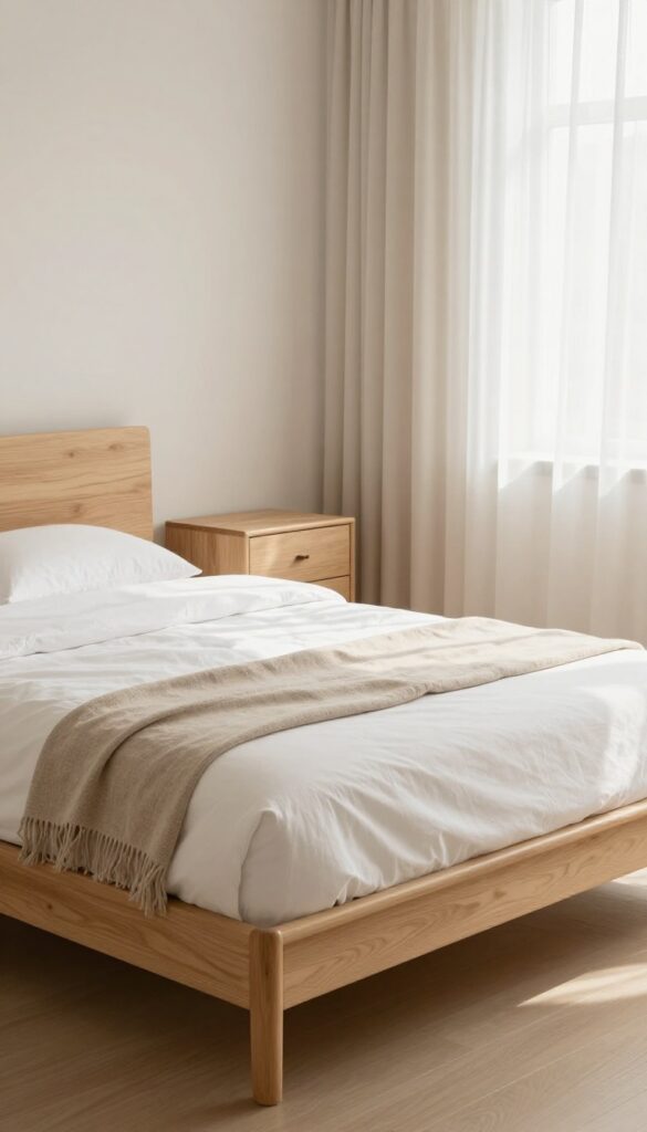 A calm, clutter-free bedroom with a neatly made bed, a closed-drawer nightstand, an under-bed storage drawer, and a plain wooden dresser in bright natural light.