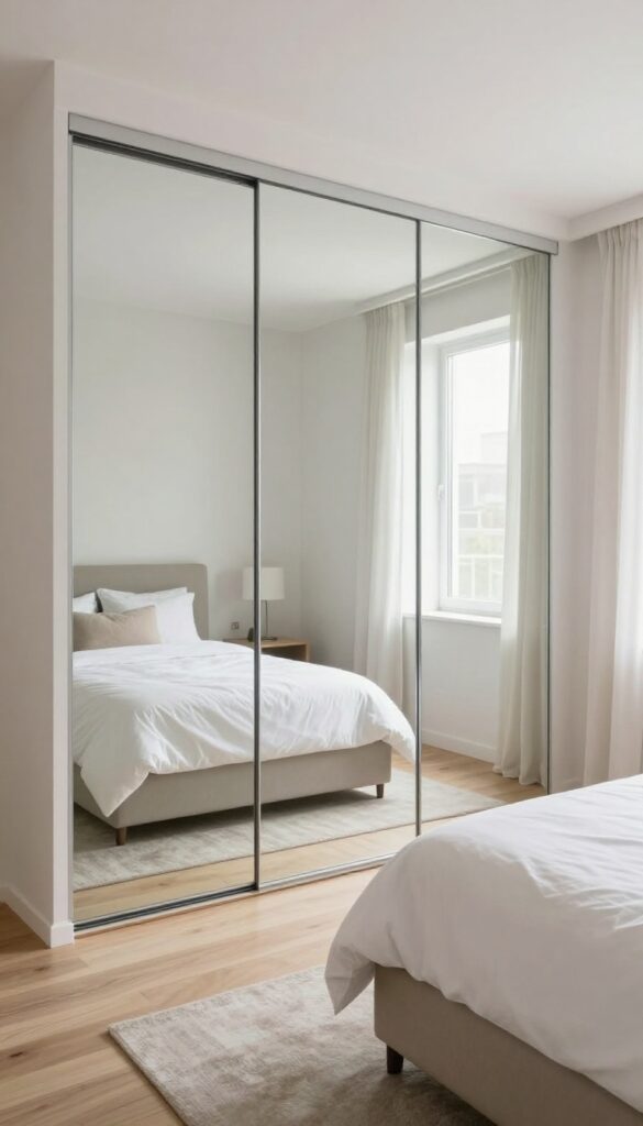 Bright modern bedroom with floor-to-ceiling mirrored sliding closet doors reflecting the room and natural light, making the space feel larger and taller.