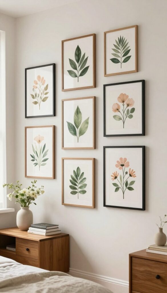 Bright bedroom wall with a botanical gallery wall of framed floral prints in black and wood frames above a wooden dresser with fresh flowers