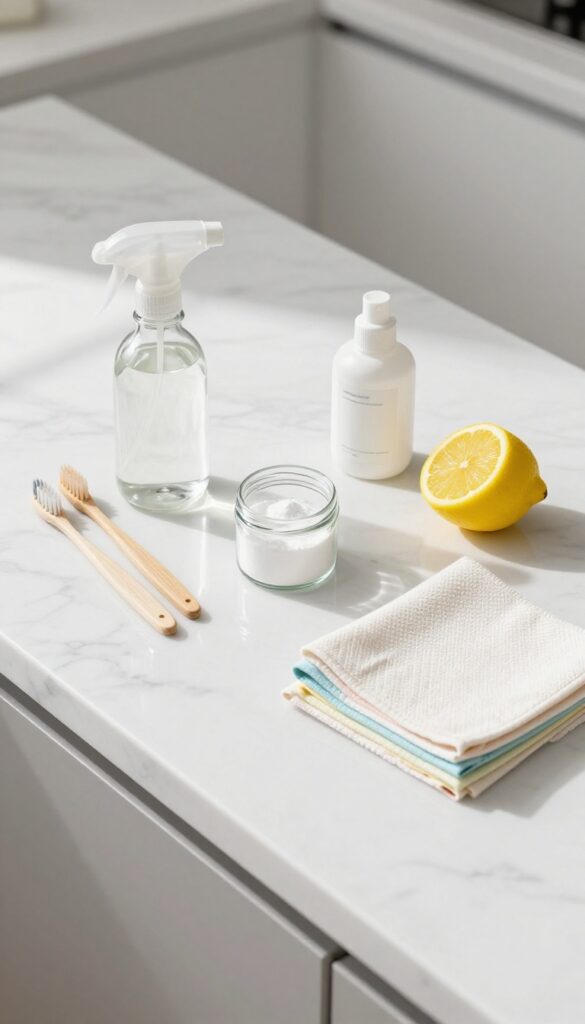 DIY cleaning kit with vinegar, baking soda, dish soap, lemon, microfiber cloths, and toothbrushes on a bright counter
