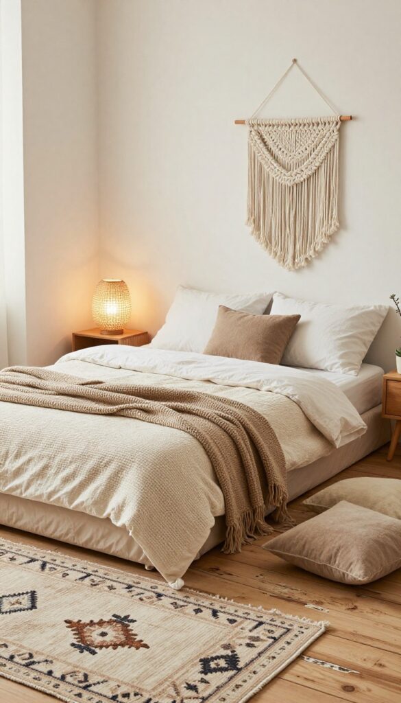 3. Warm Boho Floor Bed Setup idea