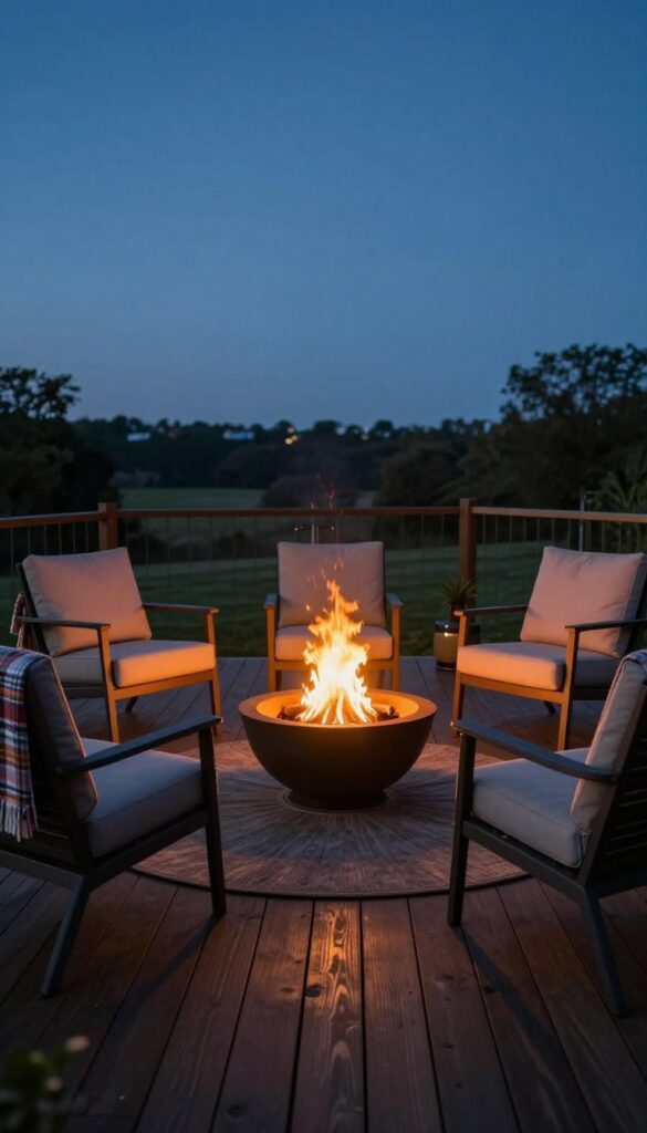 Cozy backyard deck at dusk with a small glowing fire bowl surrounded by neutral seating arranged in a semicircle