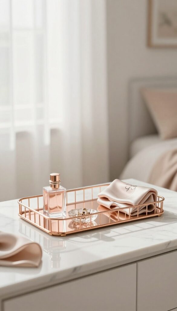 Rose gold decorative tray with thin metal edges on a marble dresser holding a perfume bottle, jewelry dish, and folded silk scarf in a bright chic bedroom