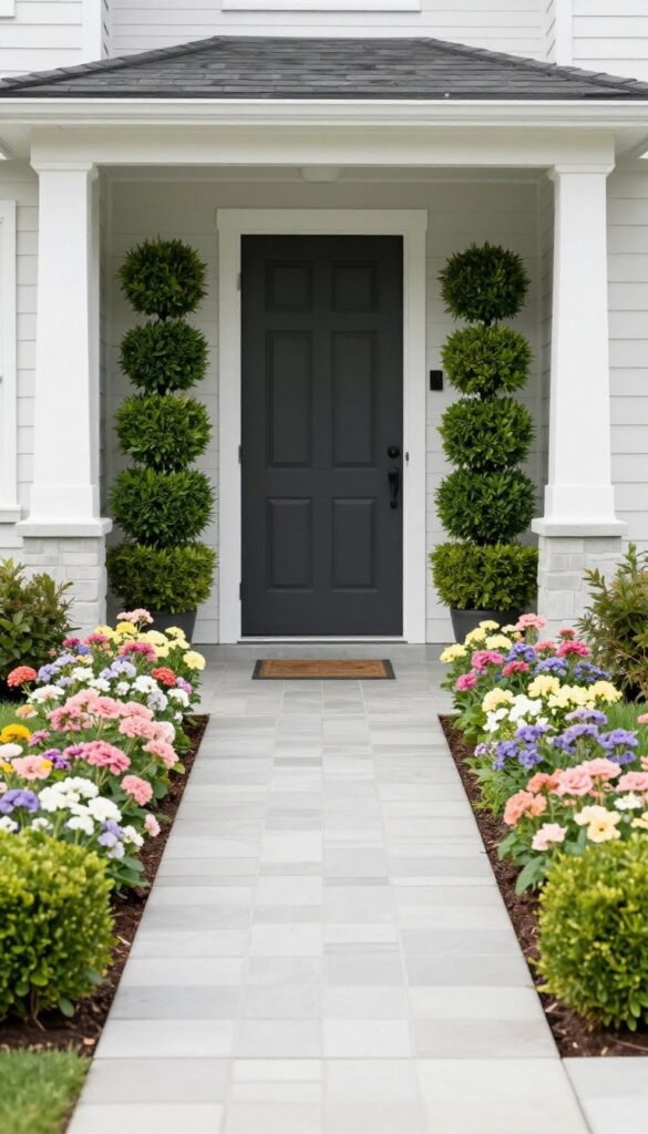 Symmetrical flower beds with matching boxwood shrubs and seasonal annuals framing a front door, creating a balanced and polished entryway.