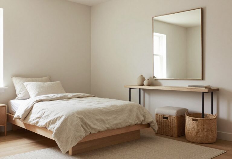 Small bedroom with Pottery Barn-inspired decor, including a platform bed, neutral bedding, and a large mirror.