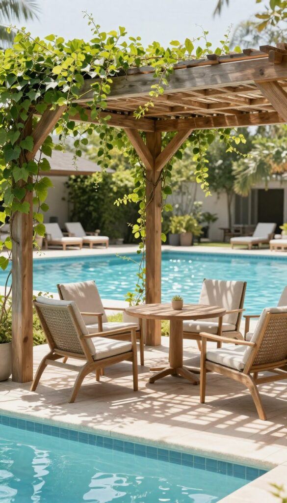 A wooden pergola casting filtered shade over a pool deck seating area with climbing plants and bright natural light.