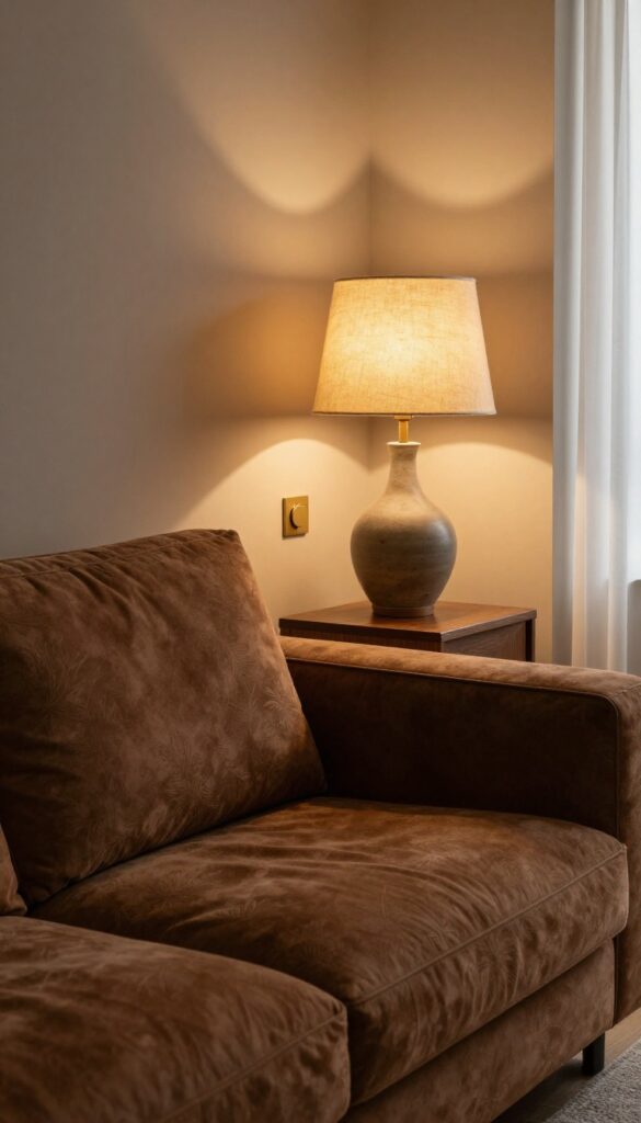 Cozy brown living room glowing with warm layered lamp light at dusk, showing a brown sofa, floor lamp, and table lamp creating a rich inviting atmosphere.