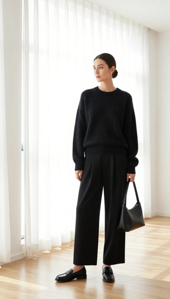 Woman in black cashmere sweater and wide-leg pants, minimalist bright interior, old money aesthetic