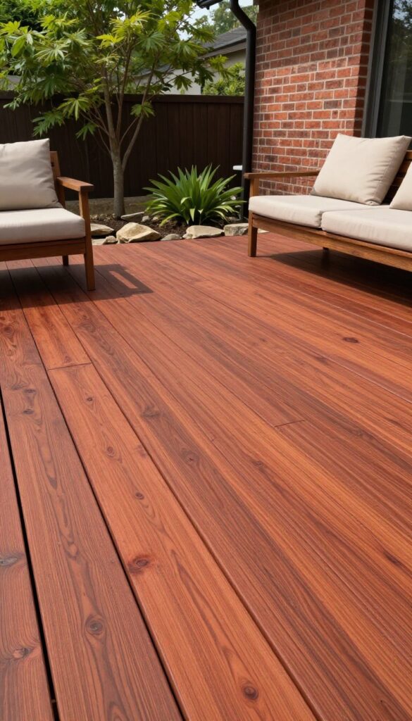 Freshly stained redwood-toned wooden deck beside a brick home with greenery and stone planters in bright natural light
