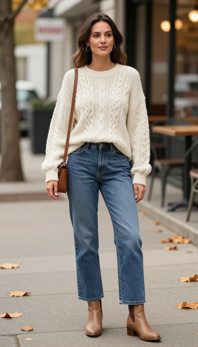 1. Cozy Cable-Knit and Wide-Leg Jeans